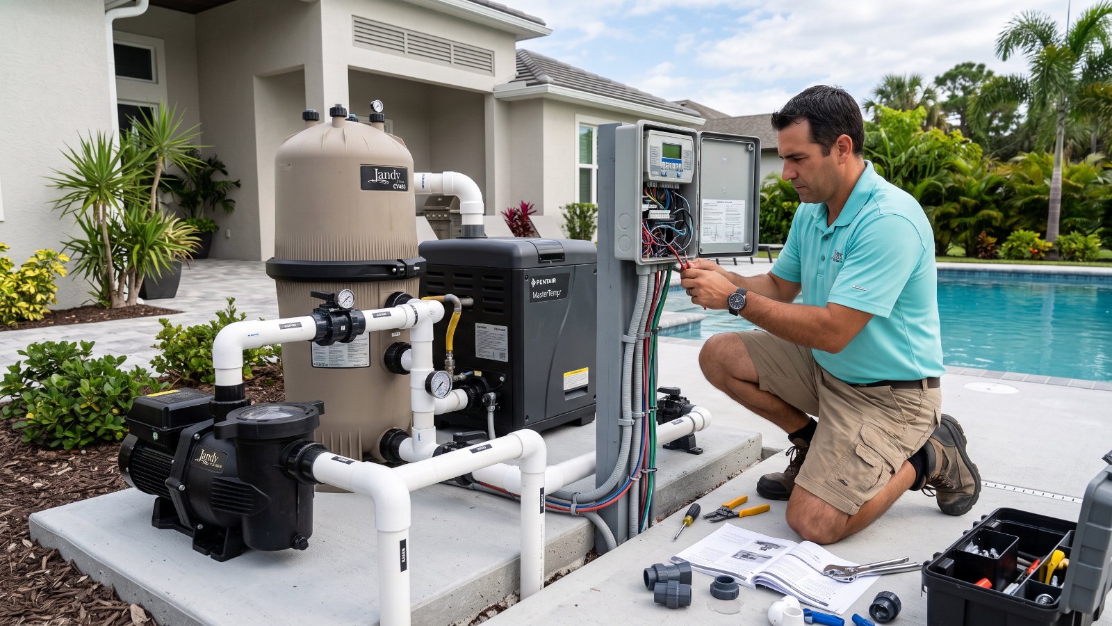 Kingfisher Pool Builders installer setting pool equipment and automation in Sarasota