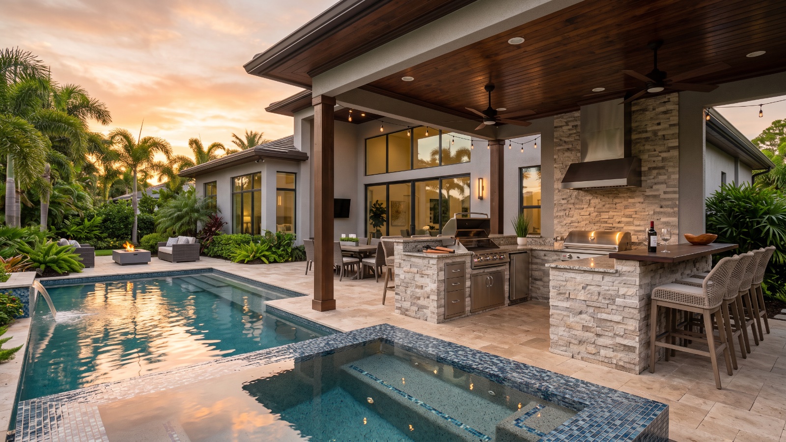 Outdoor kitchen and pergola beside a custom pool